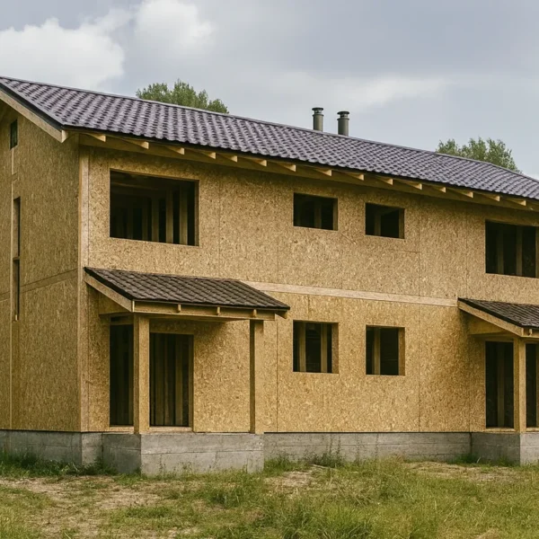Дом «Ч-253», 253 м², 2 этажа, в черновой отделке: коробка из СИП-панелей OSB-3, двускатная кровля из металлочерепицы, проёмы без окон и дверей, в проёмах видны сосновые балки перекрытия