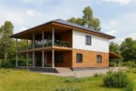 Проект дома «Ч-431» из СИП-панелей, 431 м² — двухэтажный дом с белым и коричневым фасадом, серой крышей и террасой | HotWell.KZ