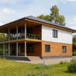 Проект дома «Ч-431» из СИП-панелей, 431 м² — двухэтажный дом с белым и коричневым фасадом, серой крышей и террасой | HotWell.KZ