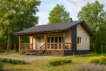 Проект дома «Ч-62» из СИП-панелей, 62 м² — одноэтажный дом с бежевым фасадом, серой крышей и крытым крыльцом | HotWell.KZ