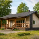 Проект дома «Ч-62» из СИП-панелей, 62 м² — одноэтажный дом с бежевым фасадом, серой крышей и крытым крыльцом | HotWell.KZ