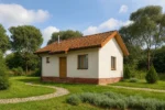 Проект дома «Ч-75» из СИП-панелей, 75 м² — одноэтажный дом с белым фасадом и коричневой черепичной крышей | HotWell.KZ
