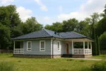 Проект дома «Ч-75Б» из СИП-панелей, 75 м² — одноэтажный дом с серым фасадом, синей крышей и террасой | HotWell.KZ