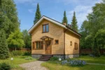 Проект дома «Д-102» из СИП-панелей, 102 м² — двухэтажный дом с деревянным фасадом и коричневой крышей | HotWell.KZ