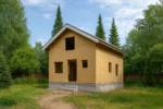Дом «Д-102», 102 м², 2 этажа, в черновой отделке: коробка из СИП-панелей OSB-3, двускатная кровля из металлочерепицы, проёмы без окон и дверей, в проёмах видны сосновые балки перекрытия