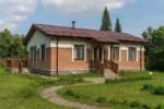 Проект дома «Д-107» из СИП-панелей, 107 м² — одноэтажный дом с кирпичным фасадом, коричневой крышей и крыльцом | HotWell.KZ