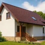 Проект дома «Д-107Б» из СИП-панелей, 107 м² — двухэтажный дом с белым фасадом, коричневой крышей и деревянным крыльцом | HotWell.KZ