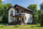 Проект дома «Д-110Б» из СИП-панелей, 110 м² — двухэтажный дом с белым фасадом, коричневой крышей и крытым крыльцом | HotWell.KZ