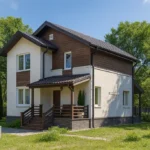 Проект дома «Д-110Б» из СИП-панелей, 110 м² — двухэтажный дом с белым фасадом, коричневой крышей и крытым крыльцом | HotWell.KZ