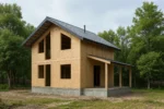 Дом «Д-123», 123 м², 1.5 этажа, в черновой отделке: коробка из СИП-панелей OSB-3, двускатная кровля из металлочерепицы, проёмы без окон и дверей, в проёмах видны сосновые балки перекрытия