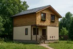 Проект дома «Д-126» из СИП-панелей, 126 м² — двухэтажный дом с бежевым фасадом, деревянной отделкой и черной крышей | HotWell.KZ