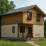 Проект дома «Д-126» из СИП-панелей, 126 м² — двухэтажный дом с бежевым фасадом, деревянной отделкой и черной крышей | HotWell.KZ