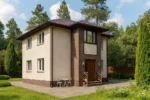 Проект дома «Д-156» из СИП-панелей, 156 м² — двухэтажный дом с бежевым фасадом, коричневой крышей и крыльцом | HotWell.KZ