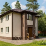 Проект дома «Д-156» из СИП-панелей, 156 м² — двухэтажный дом с бежевым фасадом, коричневой крышей и крыльцом | HotWell.KZ