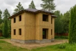 Дом «Д-156», 156 м², 2 этажа, в черновой отделке: коробка из СИП-панелей OSB-3, вальмовая кровля из металлочерепицы, проёмы без окон и дверей, в проёмах видны сосновые балки перекрытия