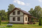 Проект дома «Д-158» из СИП-панелей, 158 м² — двухэтажный дом с бежевым фасадом, коричневой крышей и крытым крыльцом | HotWell.KZ