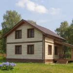 Проект дома «Д-158» из СИП-панелей, 158 м² — двухэтажный дом с бежевым фасадом, коричневой крышей и крытым крыльцом | HotWell.KZ