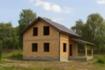 Дом «Д-158», 158 м², 1.5 этажа, в черновой отделке: коробка из СИП-панелей OSB-3, двускатная кровля из металлочерепицы, проёмы без окон и дверей, в проёмах видны сосновые балки перекрытия