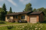 Проект дома «Д-161» из СИП-панелей, 161 м² — одноэтажный дом с бежевым фасадом, коричневой крышей и гаражом | HotWell.KZ