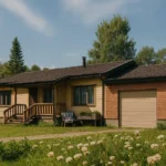 Проект дома «Д-161» из СИП-панелей, 161 м² — одноэтажный дом с бежевым фасадом, коричневой крышей и гаражом | HotWell.KZ