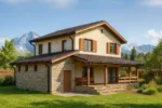 Проект дома «Д-161Б» из СИП-панелей, 161 м² — двухэтажный дом с каменным фасадом, коричневой крышей и террасой | HotWell.KZ