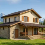 Проект дома «Д-161Б» из СИП-панелей, 161 м² — двухэтажный дом с каменным фасадом, коричневой крышей и террасой | HotWell.KZ
