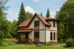 Проект дома «Д-165» из СИП-панелей, 165 м² — двухэтажный дом с бежевым фасадом, красной крышей и крыльцом | HotWell.KZ
