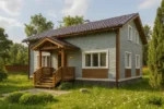Проект дома «Д-165Б» из СИП-панелей, 165 м² — двухэтажный дом с голубым фасадом, коричневой крышей и крытым крыльцом | HotWell.KZ