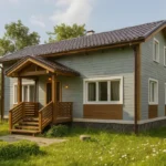 Проект дома «Д-165Б» из СИП-панелей, 165 м² — двухэтажный дом с голубым фасадом, коричневой крышей и крытым крыльцом | HotWell.KZ