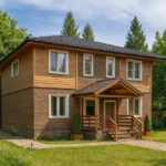 Проект дома «Д-167» из СИП-панелей, 167 м² — двухэтажный дом с коричневым фасадом, черной крышей и крытым крыльцом | HotWell.KZ