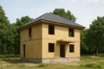 Дом «Д-168», 168 м², 2 этажа, в черновой отделке: коробка из СИП-панелей OSB-3, вальмовая кровля из металлочерепицы, проёмы без окон и дверей, в проёмах видны сосновые балки перекрытия
