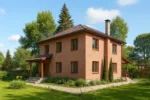Проект дома «Д-170» из СИП-панелей, 170 м² — двухэтажный дом с кирпичным фасадом, коричневой крышей и крыльцом | HotWell.KZ