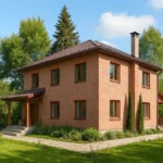Проект дома «Д-170» из СИП-панелей, 170 м² — двухэтажный дом с кирпичным фасадом, коричневой крышей и крыльцом | HotWell.KZ