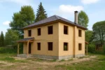 Дом «Д-170», 170 м², 2 этажа, в черновой отделке: коробка из СИП-панелей OSB-3, вальмовая кровля из металлочерепицы, проёмы без окон и дверей, в проёмах видны сосновые балки перекрытия