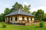 Проект дома «Д-172» из СИП-панелей, 172 м² — одноэтажный дом с бежевым фасадом, серой крышей и террасой | HotWell.KZ