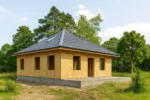Дом «Д-172», 172 м², 1.5 этажа, в черновой отделке: коробка из СИП-панелей OSB-3, вальмовая кровля из металлочерепицы, проёмы без окон и дверей, в проёмах видны сосновые балки перекрытия