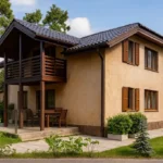 Проект дома «Д-172Б» из СИП-панелей, 172 м² — двухэтажный дом с бежевым фасадом, коричневой крышей и балконом | HotWell.KZ