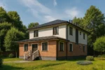 Проект дома «Д-174» из СИП-панелей, 174 м² — двухэтажный дом с кирпичным фасадом, черной крышей и крыльцом | HotWell.KZ
