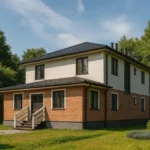 Проект дома «Д-174» из СИП-панелей, 174 м² — двухэтажный дом с кирпичным фасадом, черной крышей и крыльцом | HotWell.KZ