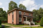 Проект дома «Д-180» из СИП-панелей, 180 м² — двухэтажный дом с кирпичным фасадом, черной крышей и крытым крыльцом | HotWell.KZ