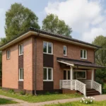 Проект дома «Д-180» из СИП-панелей, 180 м² — двухэтажный дом с кирпичным фасадом, черной крышей и крытым крыльцом | HotWell.KZ