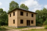 Дом «Д-180», 180 м², 2 этажа, в черновой отделке: коробка из СИП-панелей OSB-3, вальмовая кровля из металлочерепицы, проёмы без окон и дверей, в проёмах видны сосновые балки перекрытия