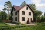 Проект дома «Д-180Б» из СИП-панелей, 180 м² — двухэтажный дом с бежевым фасадом и коричневой крышей | HotWell.KZ