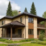 Проект дома «Д-183» из СИП-панелей, 183 м² — двухэтажный дом с бежевым фасадом, коричневой крышей и балконом | HotWell.KZ