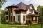 Проект дома «Д-185» из СИП-панелей, 185 м² — двухэтажный дом с белым фасадом, коричневой крышей и террасой | HotWell.KZ
