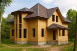 Дом «Д-185», 185 м², 1.5 этажа, в черновой отделке: коробка из СИП-панелей OSB-3, вальмовая кровля из металлочерепицы, проёмы без окон и дверей, в проёмах видны сосновые балки перекрытия