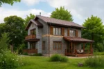 Проект дома «Д-187» из СИП-панелей, 187 м² — двухэтажный дом с серым фасадом, коричневой крышей и террасой | HotWell.KZ