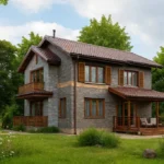 Проект дома «Д-187» из СИП-панелей, 187 м² — двухэтажный дом с серым фасадом, коричневой крышей и террасой | HotWell.KZ
