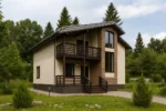 Проект дома «Д-194» из СИП-панелей, 194 м² — двухэтажный дом с бежевым фасадом, серой крышей и балконом | HotWell.KZ