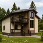 Проект дома «Д-194» из СИП-панелей, 194 м² — двухэтажный дом с бежевым фасадом, серой крышей и балконом | HotWell.KZ